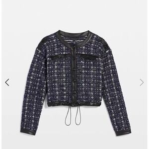 White House Black Market Cropped Tweed Sweater Jacket Small Edgy Chic Academia